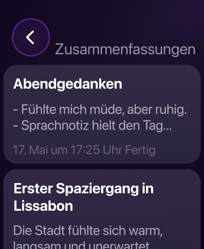 Voice Memory Screenshot einer Zusammenfassung auf dem iPhone