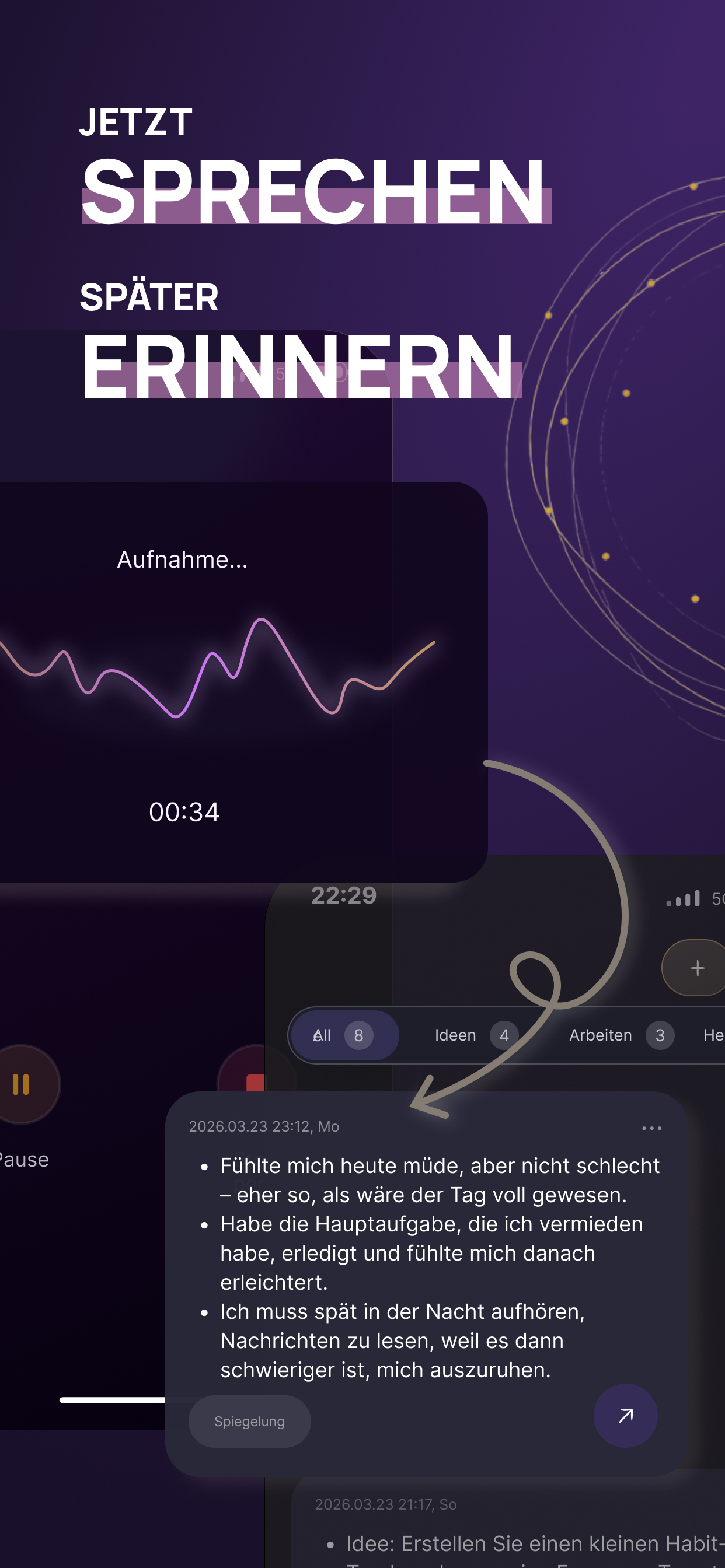 Voice Memory Screenshot mit Aufnahmebildschirm auf Apple Watch und iPhone