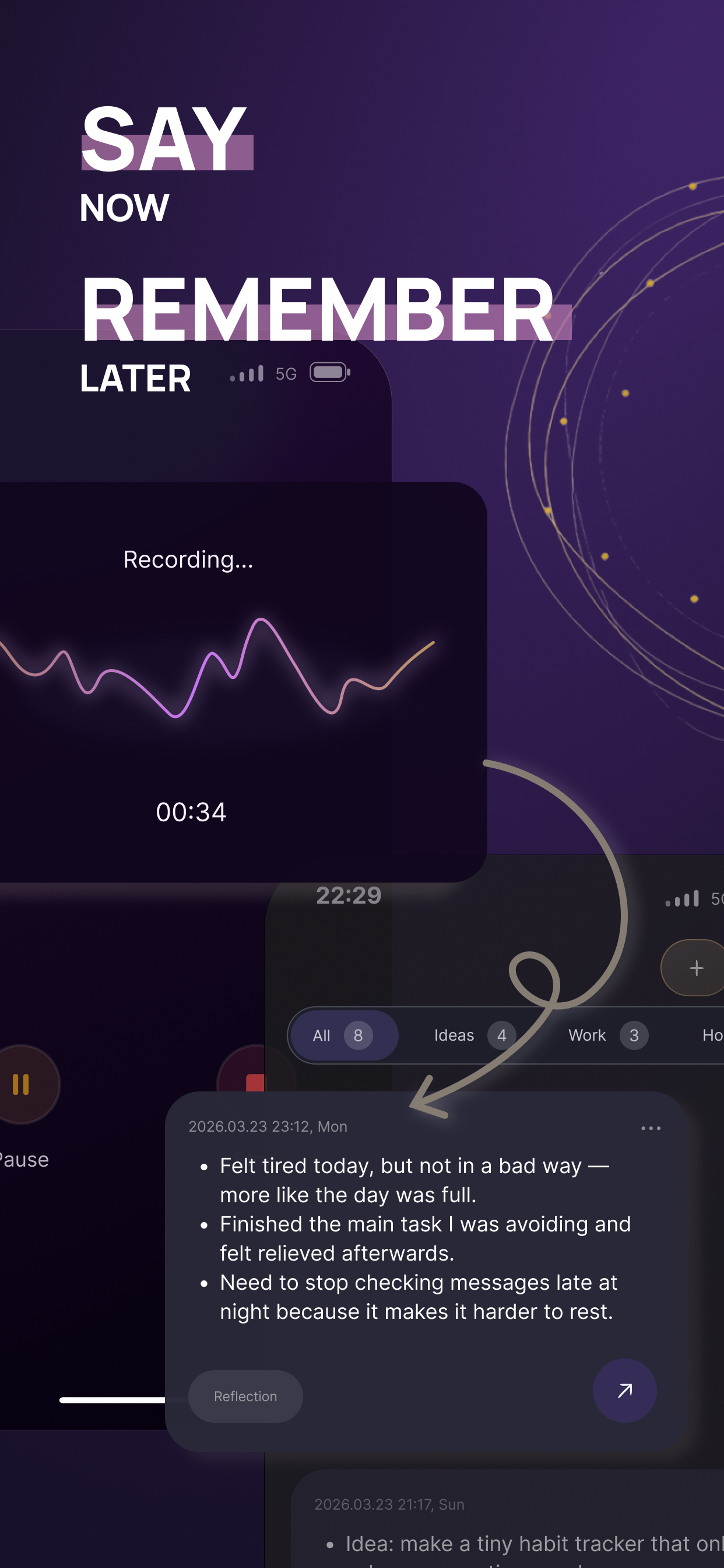 Voice Memory screenshot showing a recording screen on Apple Watch and iPhone
