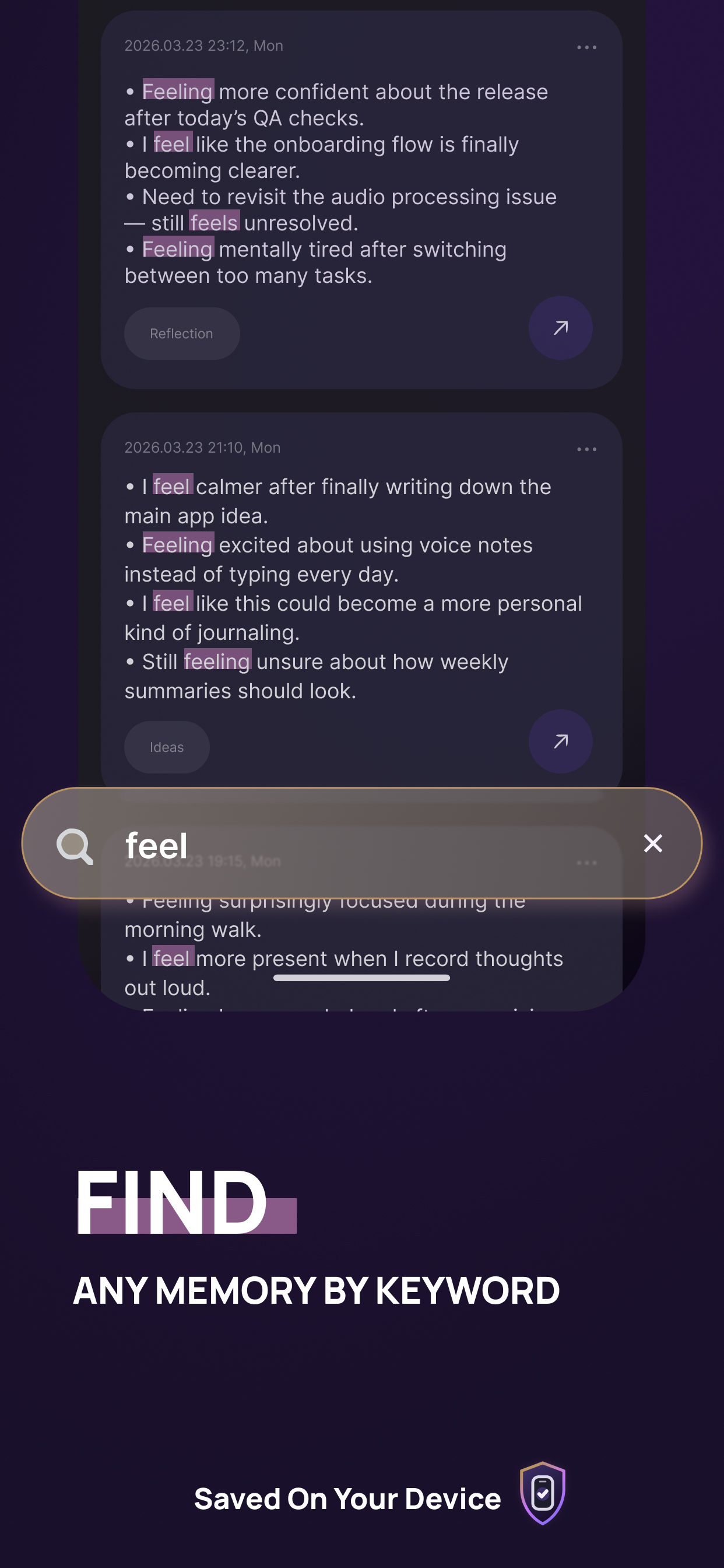 Voice Memory screenshot showing a diary-style memory feed