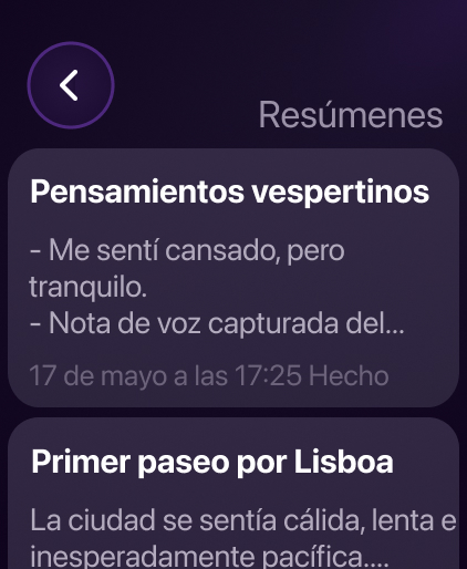 Captura de pantalla de resumen de Voice Memory en iPhone