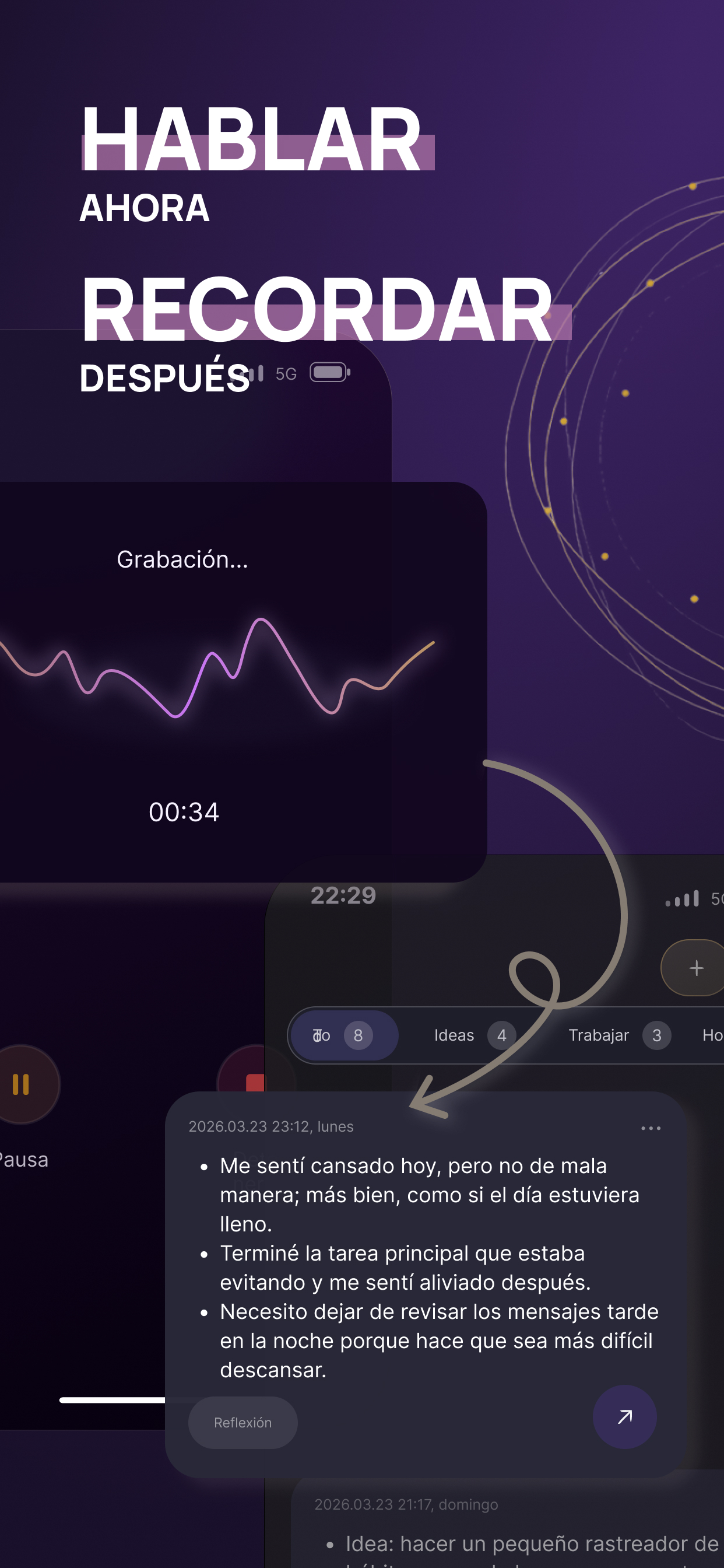 Captura de Voice Memory con pantalla de grabación en Apple Watch y iPhone