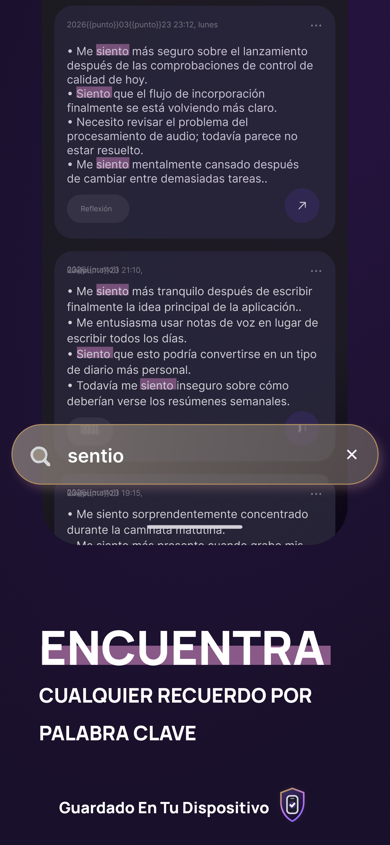Captura de Voice Memory con un feed de recuerdos tipo diario
