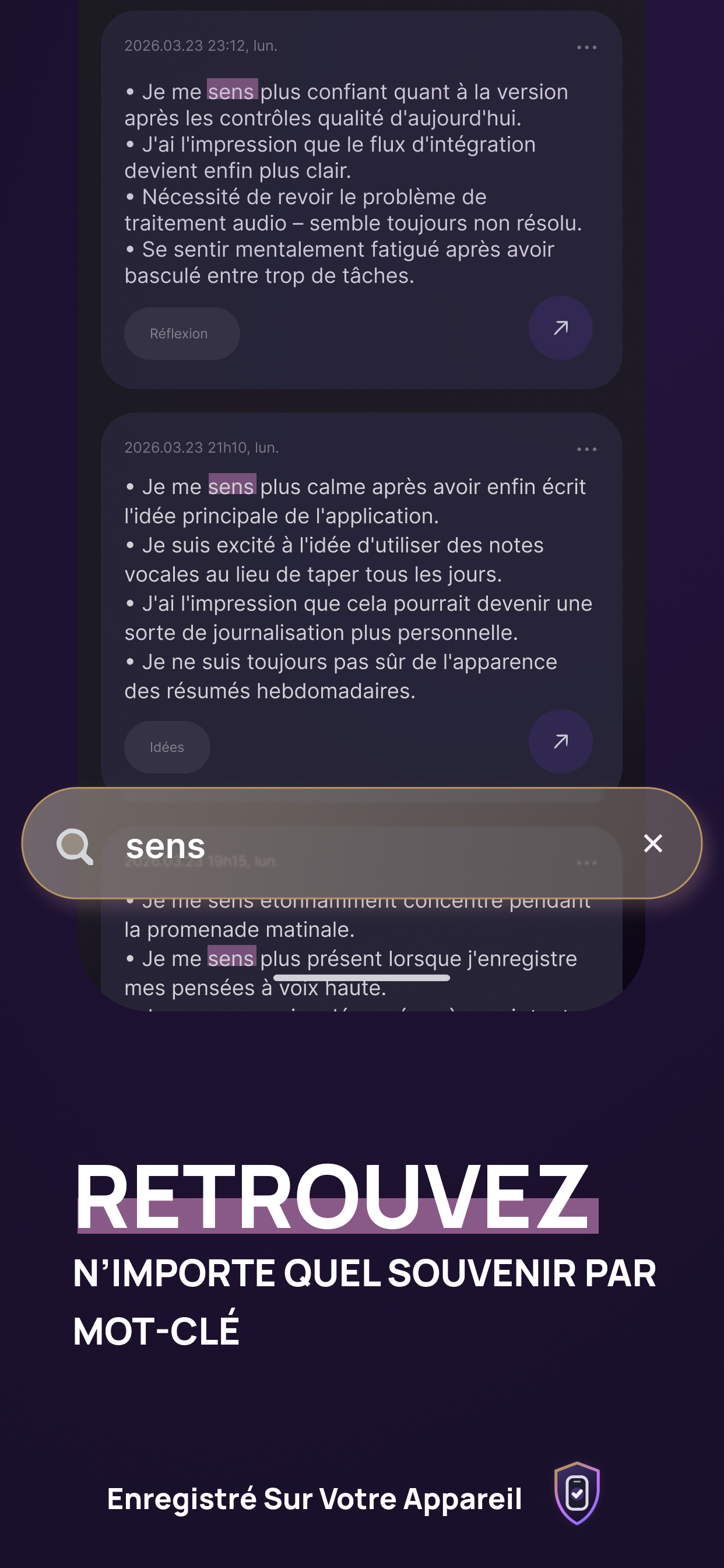 Capture d’écran de Voice Memory montrant un fil de souvenirs de type journal